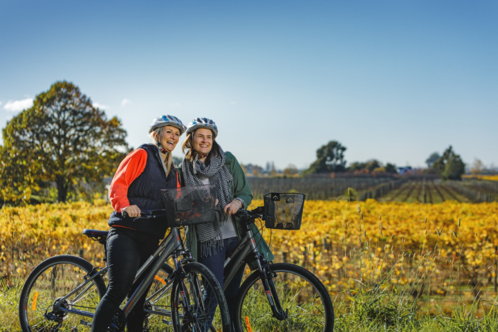 Two people wearing helmets stand with bicycles in a Marlborough vineyard with autumn leaves.