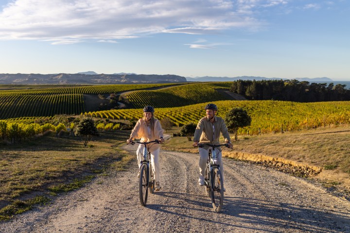 Two people cycling on a dirt road through a Marlborough vineyard under a clear blue sky.