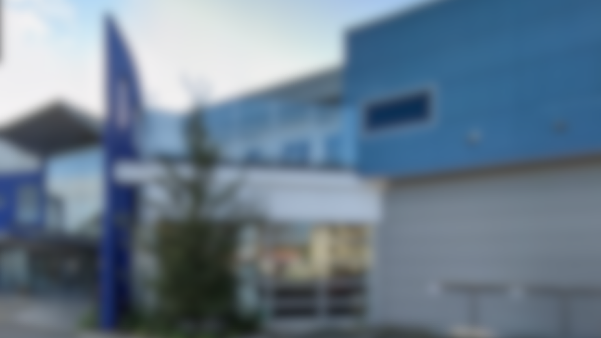 Blurred image of a modern building with blue accents and a tree.